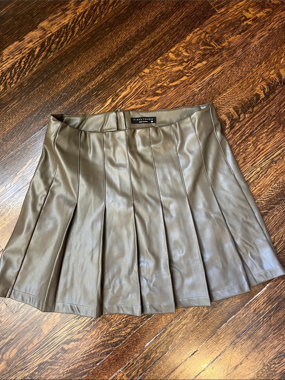 Final Touch Olive Faux Leather Pleated Mini Skirt